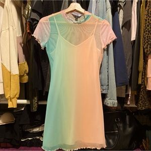 Rainbow sheer pastel mesh mini dress pink slip Women’s XS by Vylette